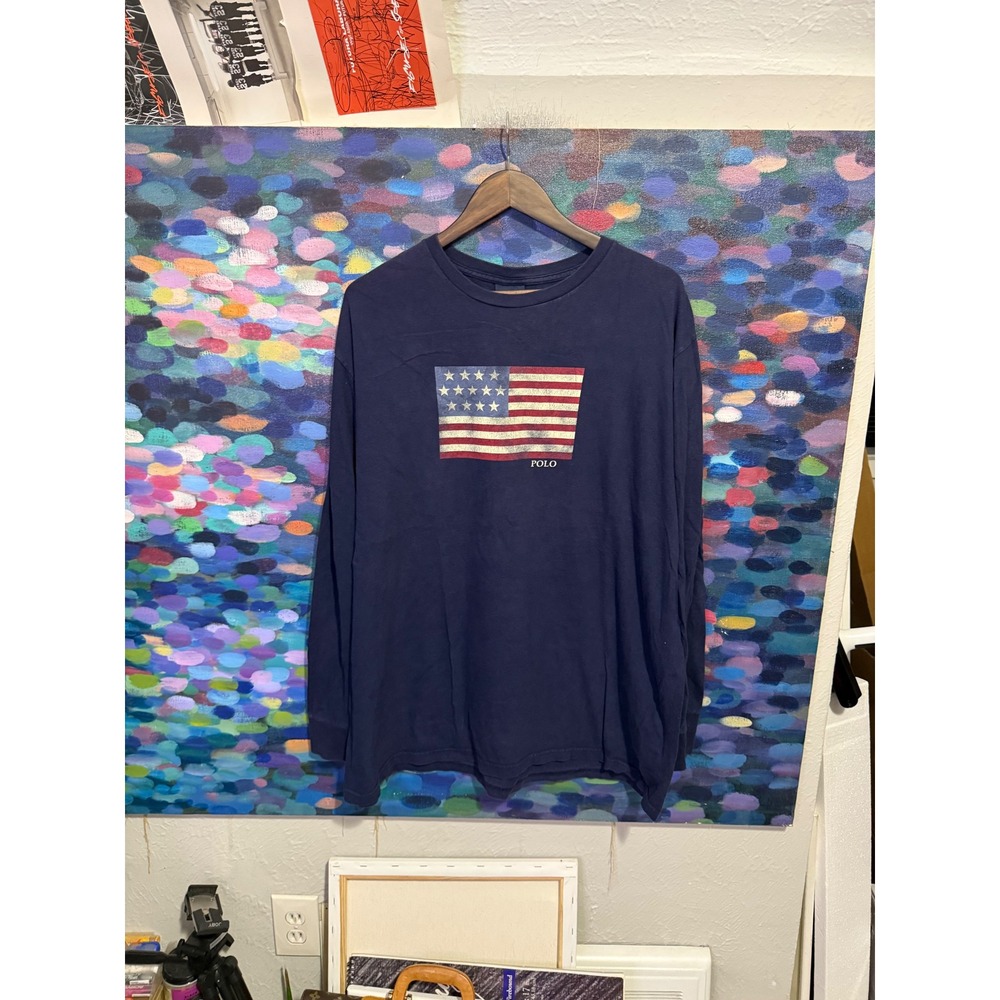 Polo Ralph Lauren Mens XL Navy Blue American Flag Long Sleeve Graphic T-Shirt
